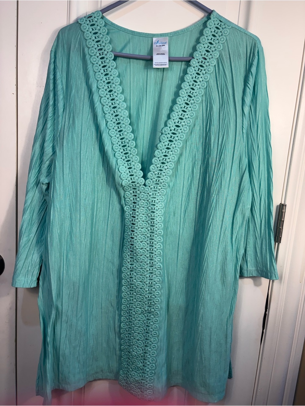 Catalina Women's 2X Green V-Neck Crinkle Tunic Blouse/cover up Lace 3/4 Sleeve